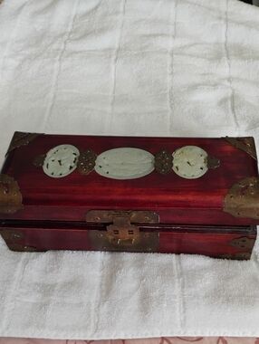 Vintage Jade Accent Chinesese Jewelry Box Brass Hardware
